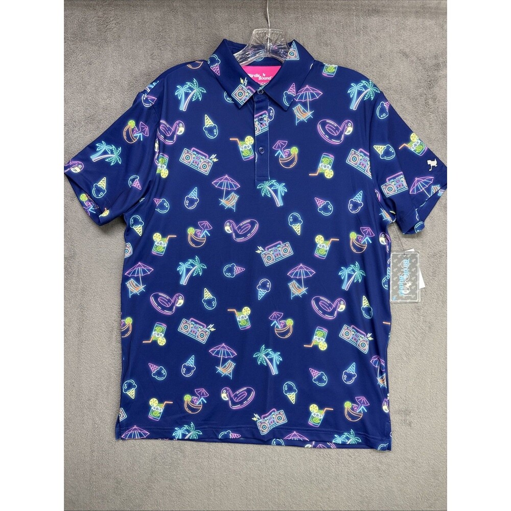Birdie Bound Polo Shirt Mens Small Golf Stretch Neon Lights Cocktails Boombox